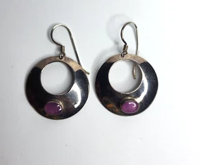 925 Sterling Silver Earrings Dangle Purple Stone Modernist Circle Signed NF VTG - Picture 1 of 14