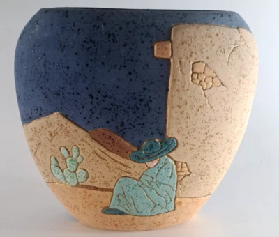 Vaso Vintage Siesta Sombrero Sudoeste Textura Porosa Azul Bronzeado TexMex 1991 - Imagem 1 de 4