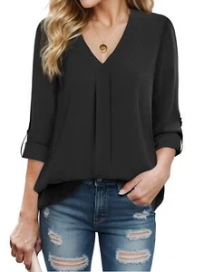 Women's Blouses Dressy Casual Business Tops 3/4 Sleeve Chiffon V Neck Work Shirt - Picture 1 of 8