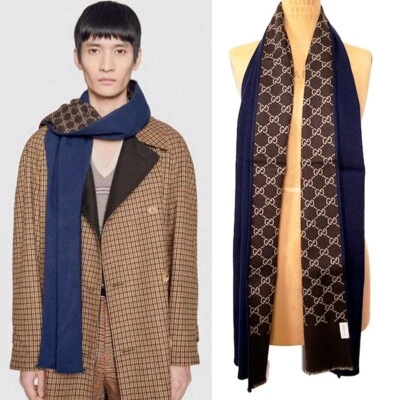 NUEVO $490 GUCCI Reversible Azul y LOGO GG Lana Seda Largo Otoño-Invierno 70" BUFANDA Foto 1 de 4