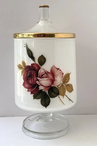 Vintage Floral Apothecary Jar Roses Pedestal Base Frosted Glass W/ Lid MCM READ - Picture 1 of 13