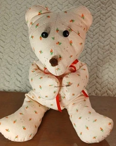 Bufanda vintage hecha a mano de 11" de felpa de oso de peluche con ojos de botón estampado floral  - Imagen 1 de 10