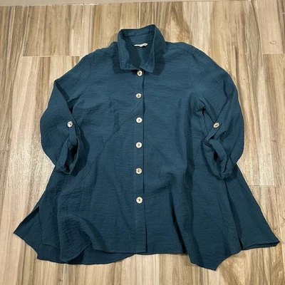 Blusa John Mark Verde XL Manga con lengüeta Cuello con cable Lagenlook Boho Vacaciones Costeras Foto 1 de 4