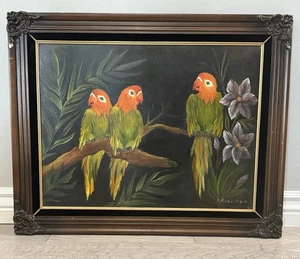 Quadro olio su tela vintage 1986 grande incorniciato ornato "Lovebirds" da appendere al muro - Foto 1 di 11