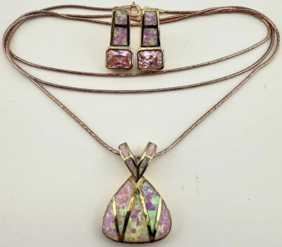 COLLAR Y PENDIENTES DE POSTE LIRM VERMEIL PLATA 925 LABORATORIO ROSA ÓPALO DE FUEGO 24” K27C Foto 1 de 4