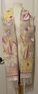 Emilio Pucci Linen Pastel Floral Fringe Shoal/ Scarf 72 X 26~ Made In Italy - Picture 1 of 12