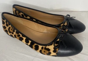 J Crew Women's Ballet Flats Size 10 Brown Leopard Calf Hair Shoe Black Cap Toe - Picture 1 of 6