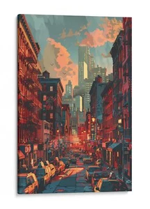 Lienzo urbano de paisaje urbano al atardecer, decoración moderna de arte de pared para el hogar de la ciudad - Imagen 1 de 16