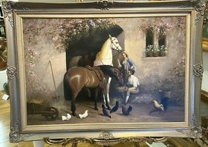 Fine ORIGINAL 20th CENTURY Horses BRITISH OLD MASTER STYLE In Silver Gilt Frame