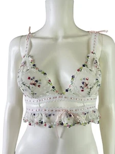 For Love & Lemons Women's Bra Angelica Bralette White Lace Pink Ribbon Size S - Picture 1 of 10
