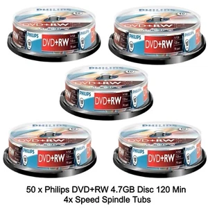 50 Philips DVD+RW 4.7GB Disc 120Min 4x Speed Spindle Tub Rewritable Blank Discs - Picture 1 of 10