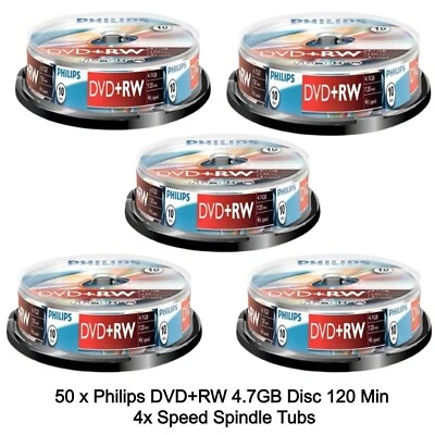 50 Philips DVD+RW 4.7GB Disc 120Min 4x Speed Spindle Tub Rewritable Blank Discs - Image 1 of 4