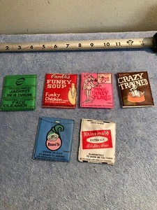 6 VINTAGE 1974 VERRÜCKTE PAKETE MAGNETSCHILDER KONVOLUT FUNKY SUPPE, ROSA STIEFMÜTTERCHENFLOCKEN - Bild 1 von 2