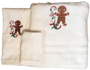 Embroidered Gingerbread Cookie on White Bath Towel Set Wash Hand - Picture 1 of 2