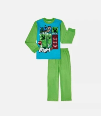NEW Minecraft Boy's 8 Creeper Flannel 2-Piece Pajamas Sleep Set game Gaming TNT - Image 1 of 2