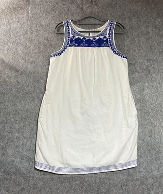 C&C California Dress Womens Medium White Blue Embroidered Sleeveless Pockets - Image 1 of 4