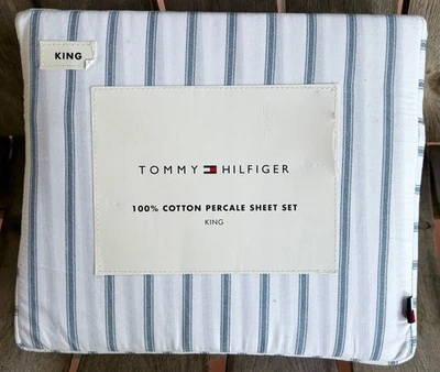 Juego de sábanas Tommy Hilfiger tamaño king rayas azules algodón percal rayas GLEN COVE Foto 1 de 4