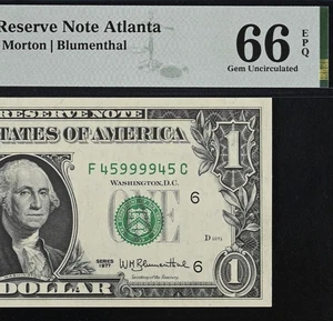 1977 $1 Federal Reserve Note PMG 66EPQ - Fancy Serial Number 45999945 - Picture 1 of 3