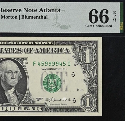 1977 $1 Federal Reserve Note PMG 66EPQ - Fancy Serial Number 45999945 - Image 1 of 3