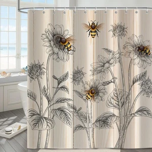 Moonslim Bee Shower Curtain Set 72Wx72H, Country Farmhouse Honeybee Flowers F... - Picture 1 of 7