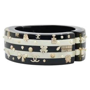 CHANEL Bracelet Coco Mark Rose Ribbon Clover Bangle Black Whitee Plastic Faux Pe - Picture 1 of 6