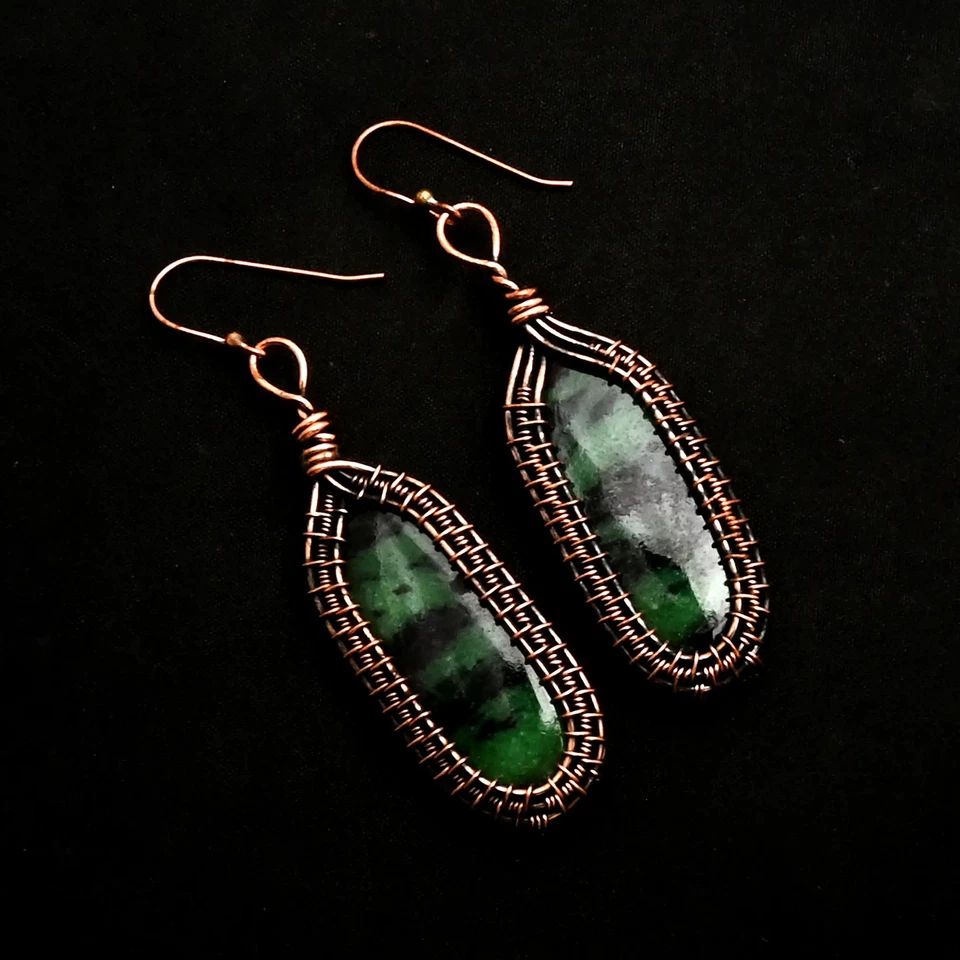 Pendientes colgantes de alambre de cobre con piedras preciosas de zoisita de rubí joyería 2,12" AE-12980 Foto 1 de 1