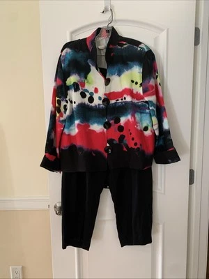 FAB!! JUEGO CHAQUETA Y PANTALÓN NEGRO CAROLINE ROSE ART TO WEAR 100% LINO TALLA. L Foto 1 de 4