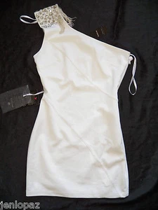 NUEVO CON ETIQUETAS Bebe Vestido Crema Blanco Lentebrilla Cuentas Un Hombro Top Grande L 10 Fiesta Sexy - Imagen 1 de 4