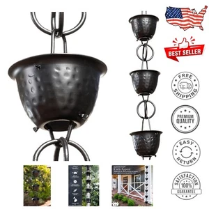 Aluminum Hammered Cup Rain Chain - Stylish Black 8.5 Ft Downspout Alternative - Picture 1 of 8