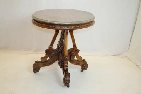 Victorian  Renaissance Revival Marble Top Table with Carved Walnut Base Cover