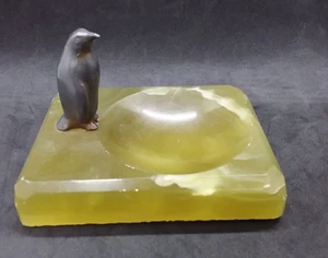 Vtg Penguin Ashtray/Trinket Dish/Pipe Rest: Metal and Marble Art Deco - Picture 1 of 11