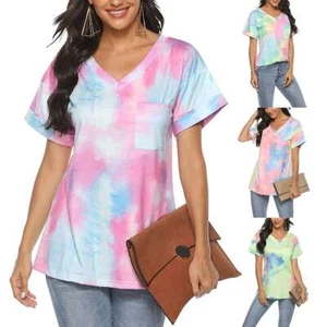 Womens T Shirt Blouse Short Sleeve Tie Dye Tunic Tops V Neck Loose Blouse Summer - Picture 1 of 14