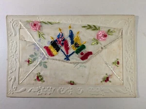 World War 1 Silk Postcard Allied Flags With Flowers - Picture 1 of 4