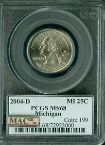 2004 D MICHIGAN FLAG QUARTER PCGS MS68 PQ 2ND FINEST GRADE MAC SPOTLESS . - Picture 1 of 6