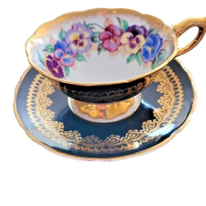 Vintage Royal Stafford Pansy Tea and Saucer Black Gold Gilt garland. England - Picture 1 of 8
