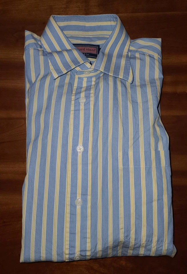 Camisa de vestir Vineyard Vines años 100 2 capas azul y amarillo a rayas para hombre talla 16-35 Foto 1 de 4