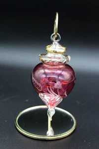 Hand Blown Cranberry Glass Teardrop Ornament w/ Etched Flowers Gold Tone Trim - Picture 1 of 11