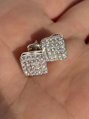 Real Solid 925 Silver Iced CZ Earrings Screw Back Mens Ladies Square Hip Hop - Image 1 of 4