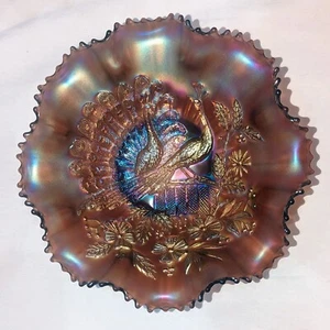 Stunning ROOTBEER/HOREHOUND NORTHWOOD PEACOCKS Ruffled Bowl - Picture 1 of 6