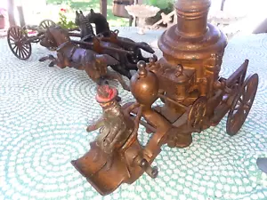 23" LRG ANTQ CAST IRON WILKINS EARLY Fire Pumper 3 Horse Drawn Wagon☆Bronzed A+ - Picture 1 of 19