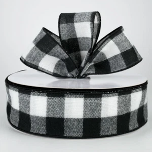 2.5" buffalo check wired ribbon flannel plaid black white large 1" squares 5yds - Picture 1 of 2