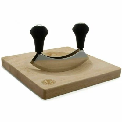 MEZZALUNA HEVEA WOODEN CHOPPING BOARD STAINLESS STEEL BLADE HERB CHOPPER - Image 1 of 2