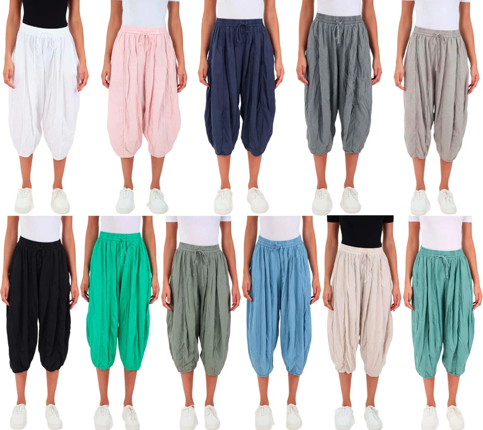 Ladies Side Pocket Italian Panelled ¾ Length Joggers Elastic Waist Linen Trouser - Image 1 of 1