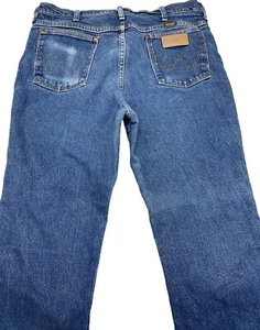 wrangler jeans medium blue wash zip button pockets distressed 35x30 rise 12 READ - Picture 1 of 8