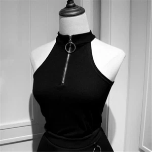 Lady High Collar Vest Zip Up Camisole Sleeveless Tank Top Harajuku Retro Fit Top - Picture 1 of 6