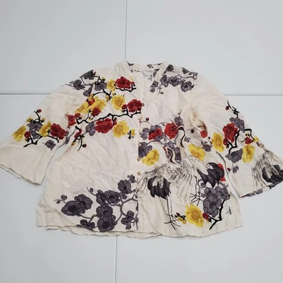 Citron Santa Monica Shirt Womens 1X Silk Floral Crane Kimono Button Front Cream - Image 1 of 4