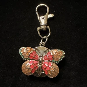 Silvertone Butterfly Keychain Watch Pink Orange Green Wings New (Lot# 562) - Picture 1 of 6