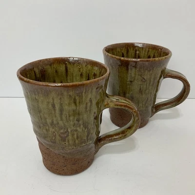Vtg Indonesian Studio Art Hand Thrown 2 Mugs Earthy Stoneware Green Drip Glaze - Image 1 of 4