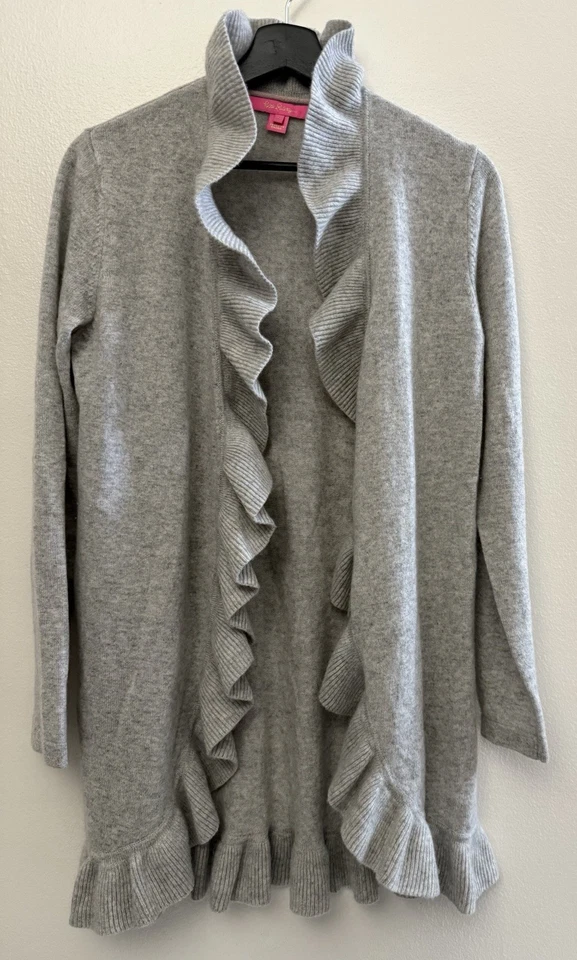 Cárdigan Lilly Pulitzer 100 % gris cachemir con volantes frente abierto talla M Foto 1 de 4