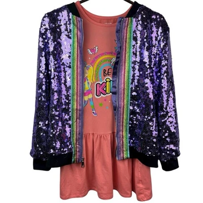 JoJo Siwa's Closet Outfit Purple Sequin Zip Jacket Pink Be Kind Dress 7/8 XL Lot - Image 1 of 4